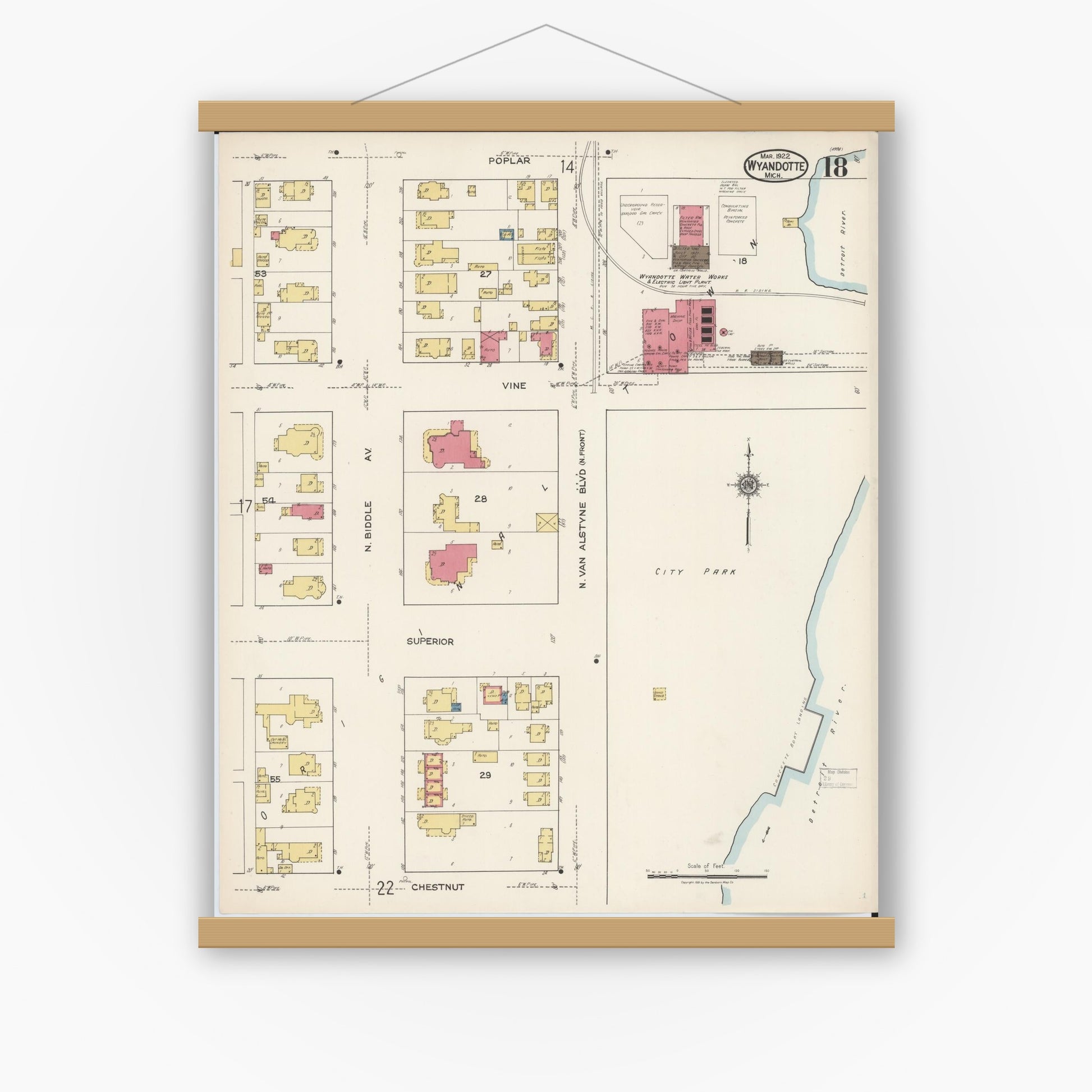 Old map wall art mockup — magnetic wood frame on white wall — Sanborn Fire Insurance Map from Wyandotte, Wayne County, Michigan (1922), Sheet #0018