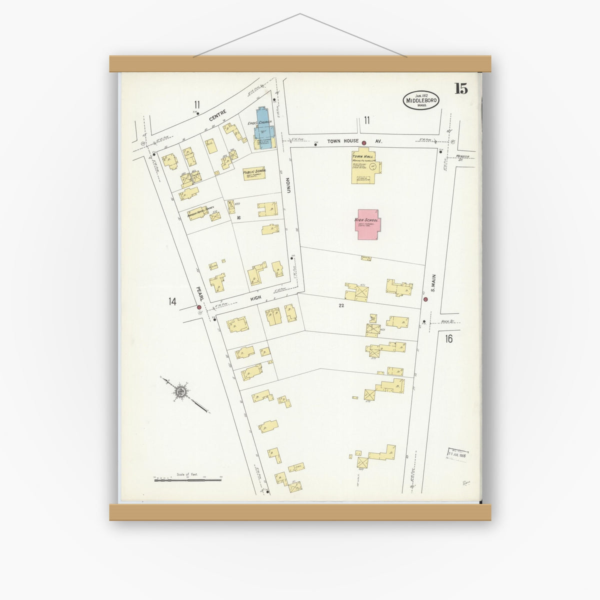 Old map wall art mockup — magnetic wood frame on white wall — Sanborn Fire Insurance Map from Middleboro, Plymouth County, Massachusetts (1912), Sheet #0015