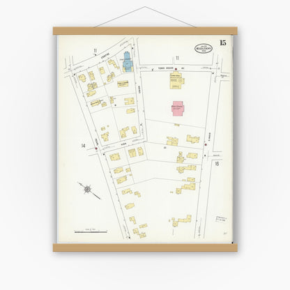 Old map wall art mockup — magnetic wood frame on white wall — Sanborn Fire Insurance Map from Middleboro, Plymouth County, Massachusetts (1912), Sheet #0015
