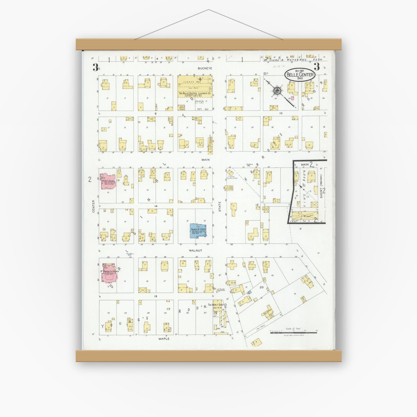 Old map wall art mockup — magnetic wood frame on white wall — Sanborn Fire Insurance Map from Belle Centre, Logan County, Ohio (1927), Sheet #0003