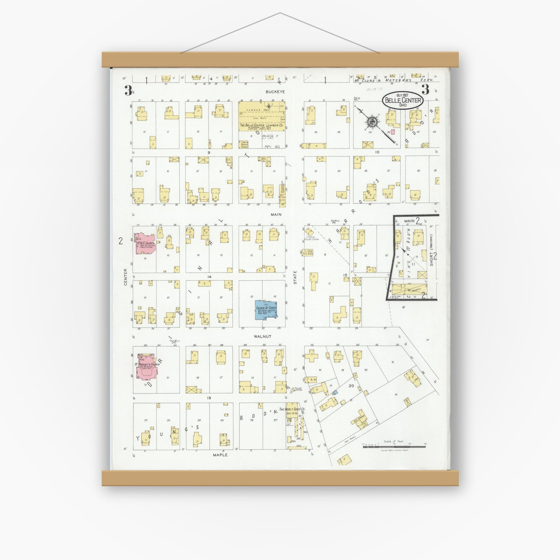 Old map wall art mockup — magnetic wood frame on white wall — Sanborn Fire Insurance Map from Belle Centre, Logan County, Ohio (1927), Sheet #0003
