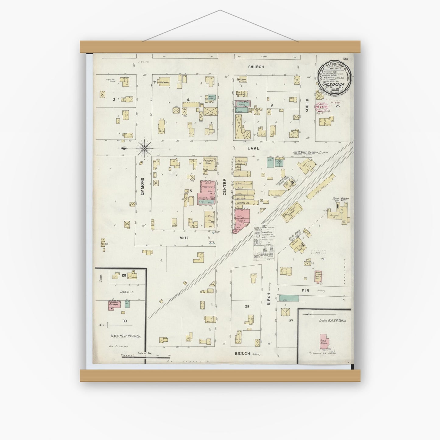 Old map wall art mockup — magnetic wood frame on white wall — Sanborn Fire Insurance Map from Caledonia, Kent County, Michigan (1896), Sheet #0001