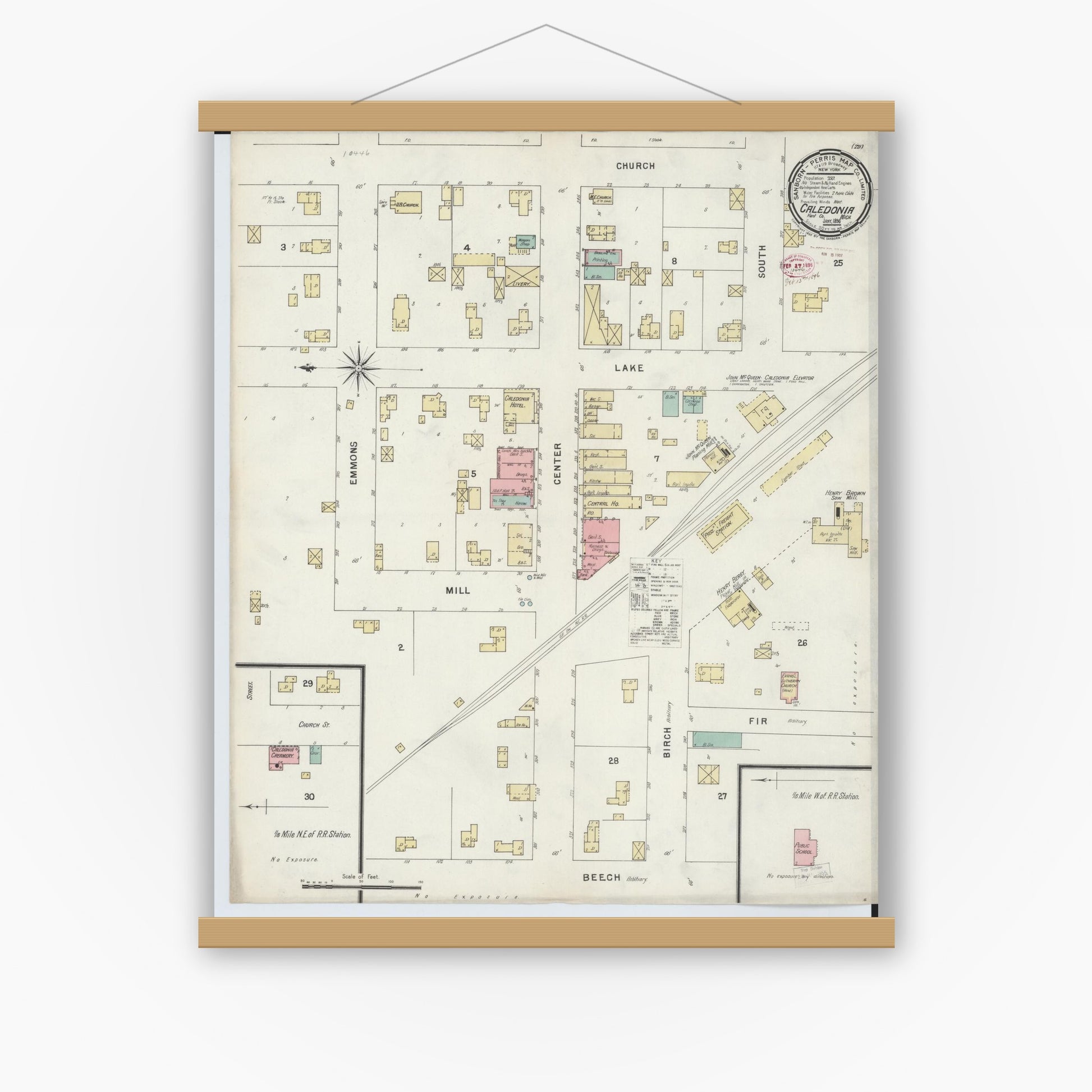 Old map wall art mockup — magnetic wood frame on white wall — Sanborn Fire Insurance Map from Caledonia, Kent County, Michigan (1896), Sheet #0001