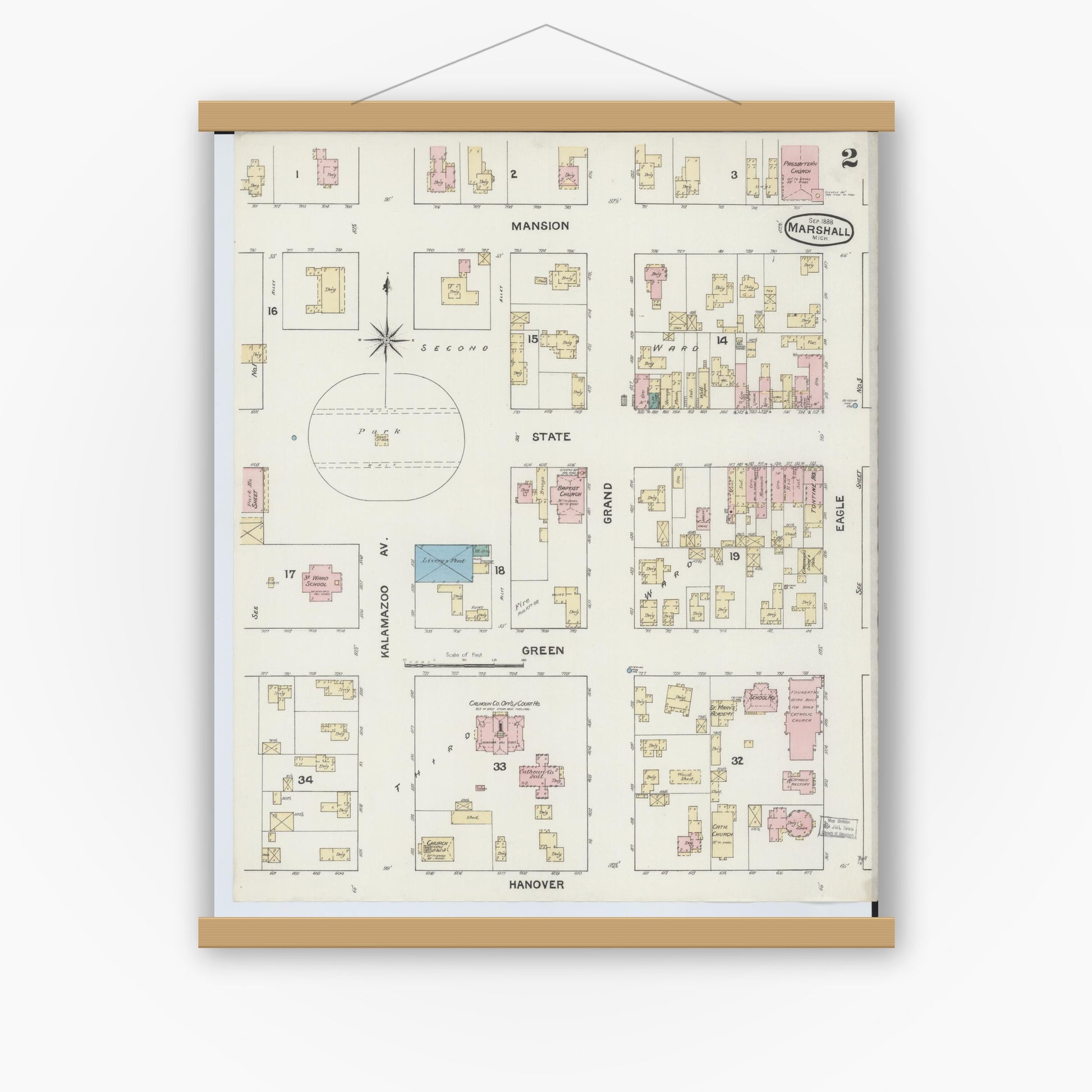 Old map wall art mockup — magnetic wood frame on white wall — Sanborn Fire Insurance Map from Marshall, Calhoun County, Michigan (1888), Sheet #0002