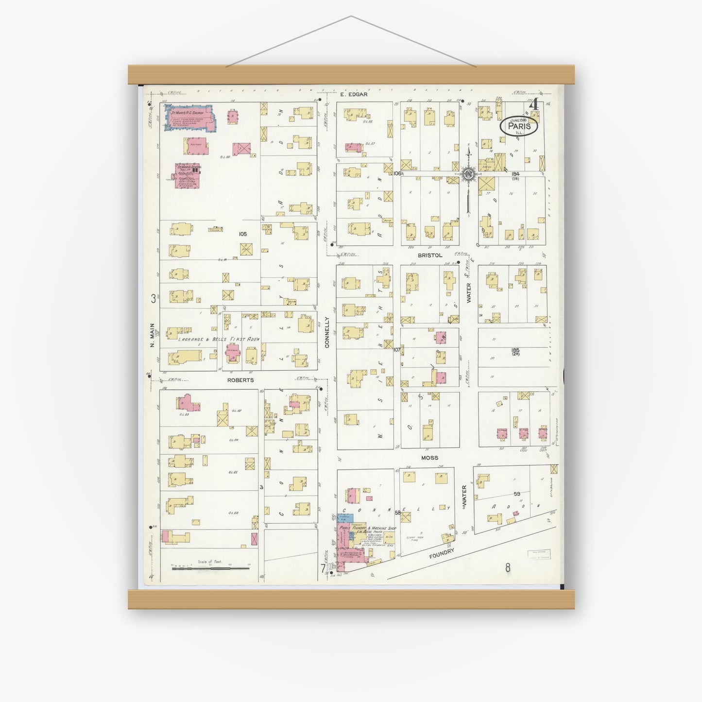 Old map wall art mockup — magnetic wood frame on white wall — Sanborn Fire Insurance Map from Paris, Edgar County, Illinois (1916), Sheet #0004