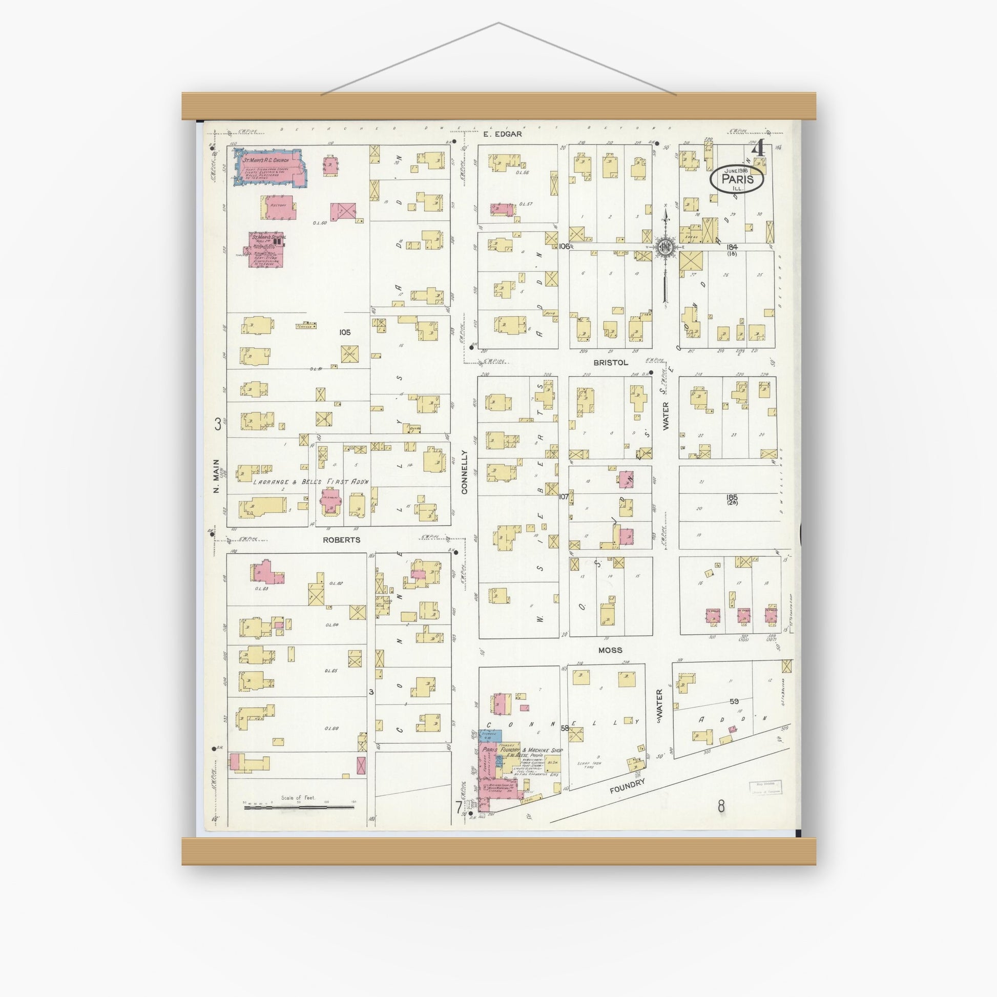 Old map wall art mockup — magnetic wood frame on white wall — Sanborn Fire Insurance Map from Paris, Edgar County, Illinois (1916), Sheet #0004