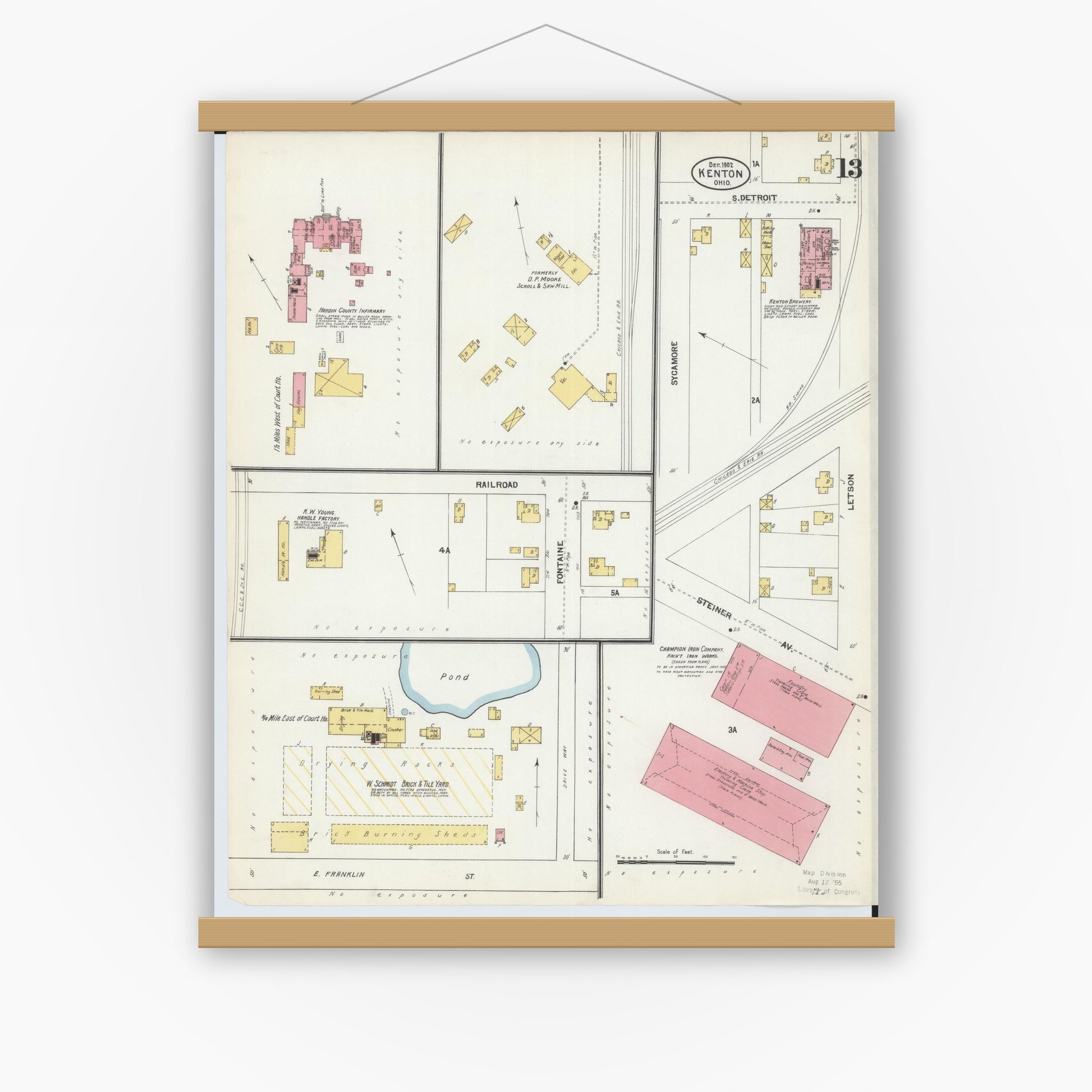 Old map wall art mockup — magnetic wood frame on white wall — Sanborn Fire Insurance Map from Kenton, Hardin County, Ohio (1902), Sheet #0013