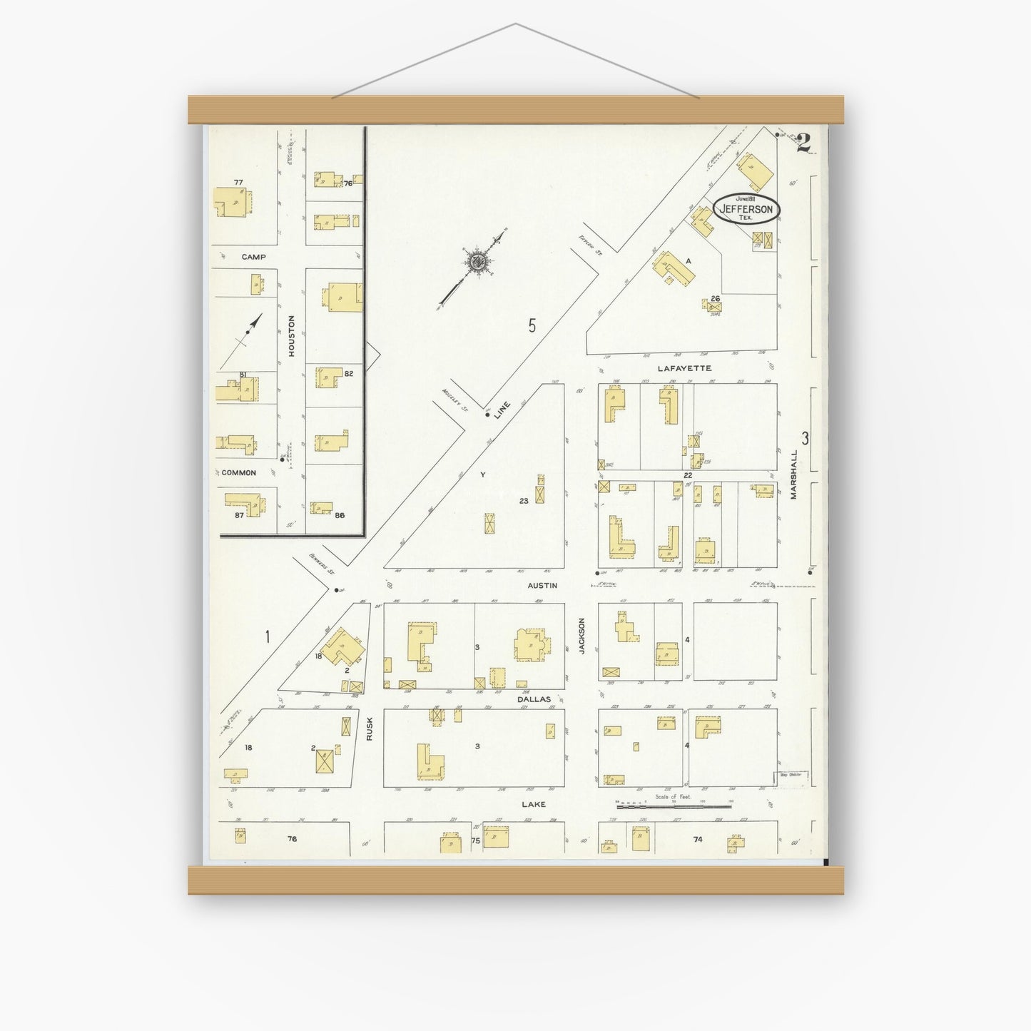 Old map wall art mockup — magnetic wood frame on white wall — Sanborn Fire Insurance Map from Jefferson, Marion County, Texas (1911), Sheet #0002