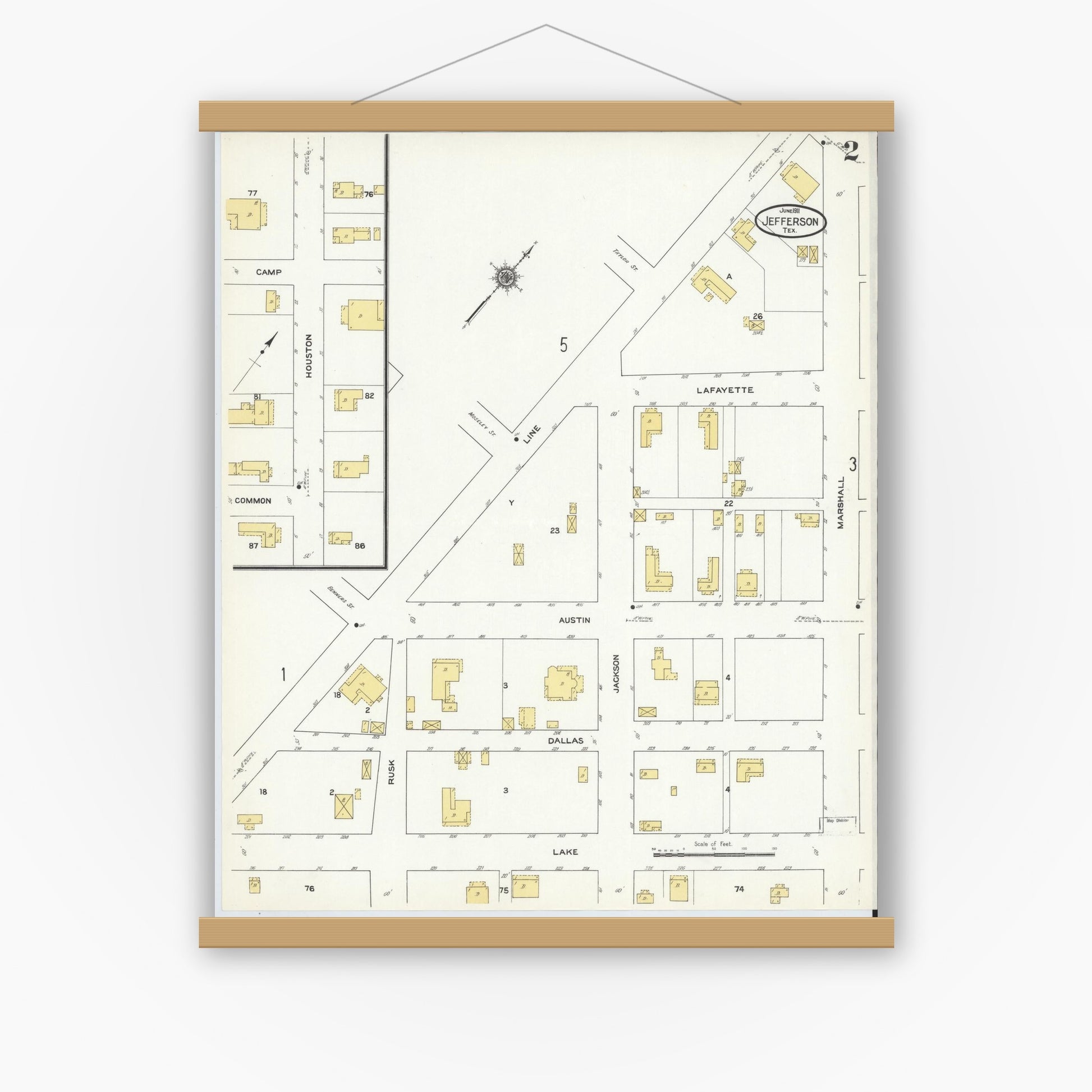 Old map wall art mockup — magnetic wood frame on white wall — Sanborn Fire Insurance Map from Jefferson, Marion County, Texas (1911), Sheet #0002