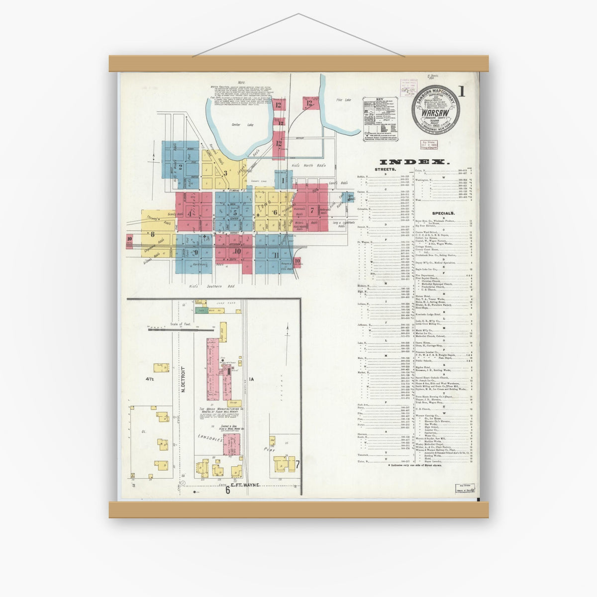 Old map wall art mockup — magnetic wood frame on white wall — Sanborn Fire Insurance Map from Warsaw, Kosciusko County, Indiana (1905) - Complete Map Set