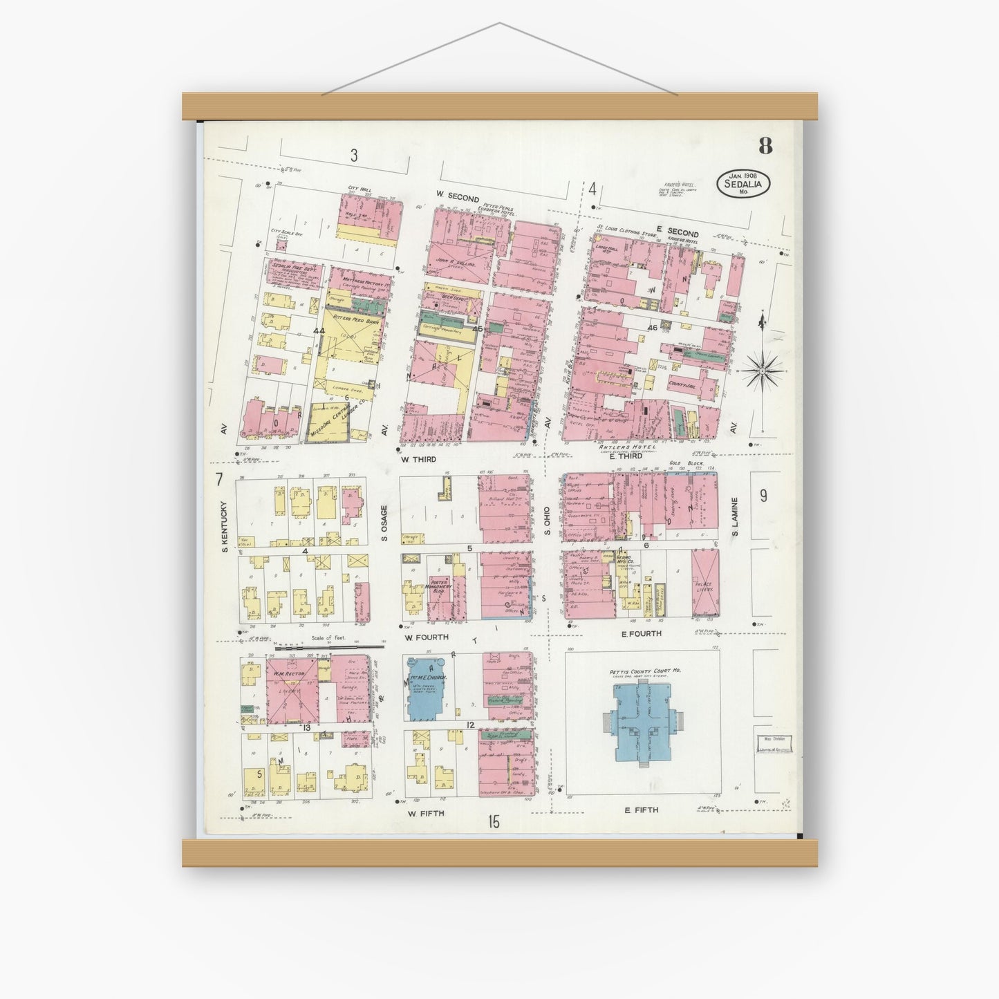 Old map wall art mockup — magnetic wood frame on white wall — Sanborn Fire Insurance Map from Sedalia, Pettis County, Missouri (1908), Sheet #0008