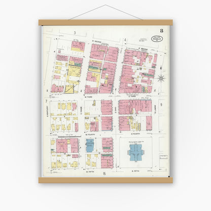 Old map wall art mockup — magnetic wood frame on white wall — Sanborn Fire Insurance Map from Sedalia, Pettis County, Missouri (1908), Sheet #0008