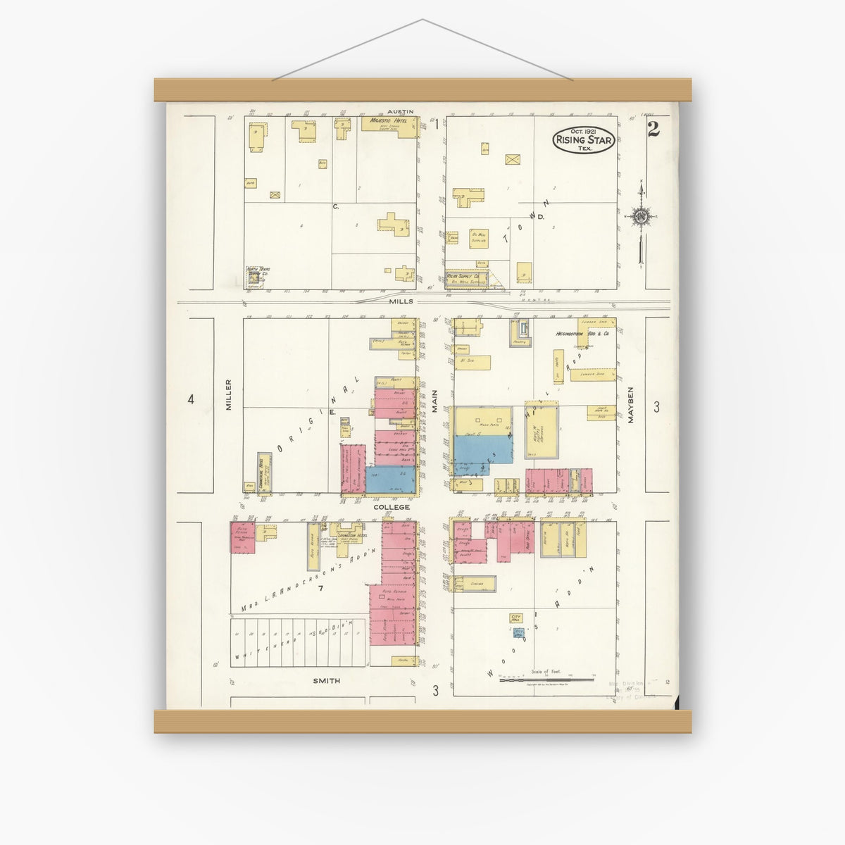 Old map wall art mockup — magnetic wood frame on white wall — Sanborn Fire Insurance Map from Rising Star, Eastland County, Texas (1921), Sheet #0002
