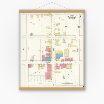 Old map wall art mockup — magnetic wood frame on white wall — Sanborn Fire Insurance Map from Rising Star, Eastland County, Texas (1921), Sheet #0002