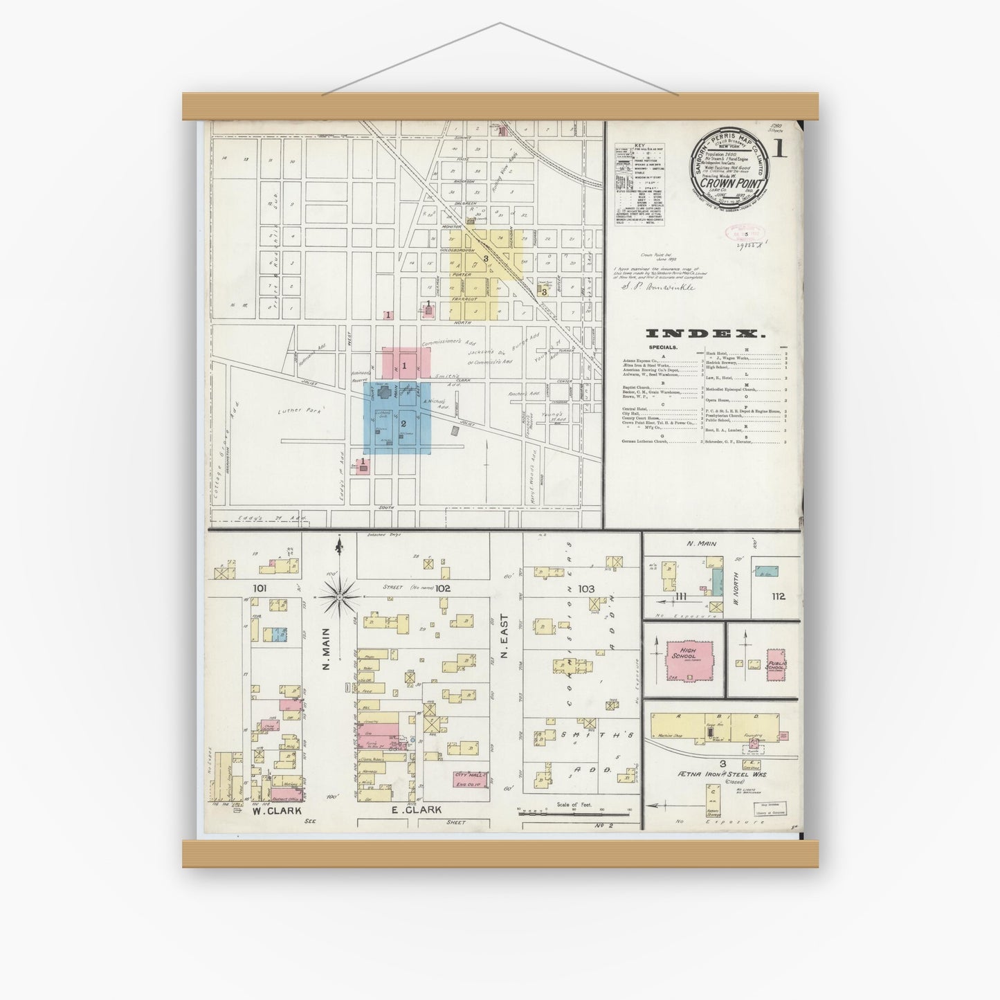 Old map wall art mockup — magnetic wood frame on white wall — Sanborn Fire Insurance Map from Crown Point, Lake County, Indiana (1892) - Complete Map Set