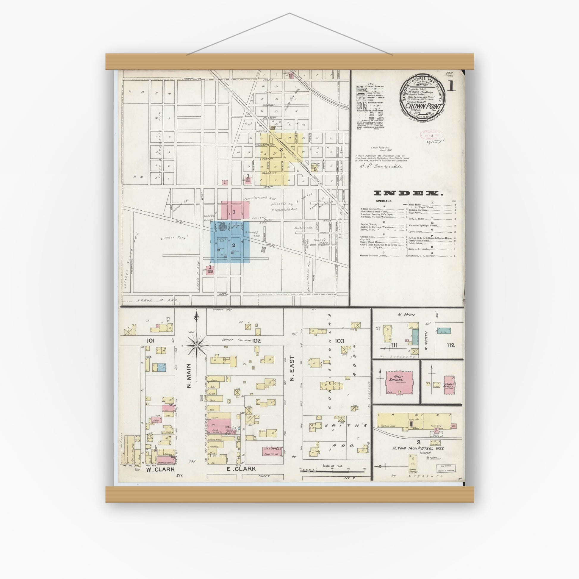 Old map wall art mockup — magnetic wood frame on white wall — Sanborn Fire Insurance Map from Crown Point, Lake County, Indiana (1892) - Complete Map Set