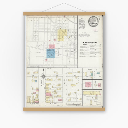 Old map wall art mockup — magnetic wood frame on white wall — Sanborn Fire Insurance Map from Crown Point, Lake County, Indiana (1892) - Complete Map Set