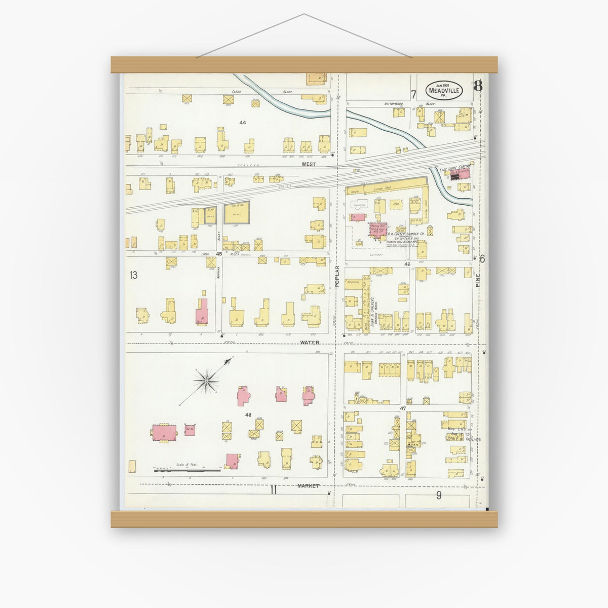 Old map wall art mockup — magnetic wood frame on white wall — Sanborn Fire Insurance Map from Meadville, Crawford County, Pennsylvania (1901), Sheet #0008
