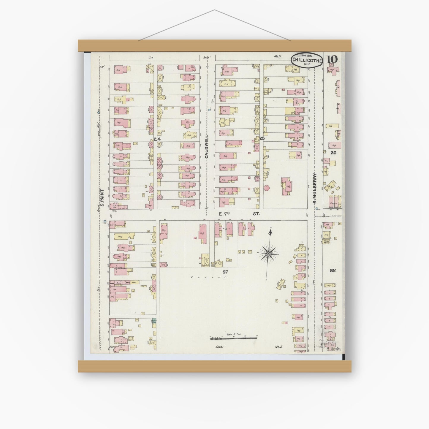 Old map wall art mockup — magnetic wood frame on white wall — Sanborn Fire Insurance Map from Chillicothe, Ross County, Ohio (1890), Sheet #0010