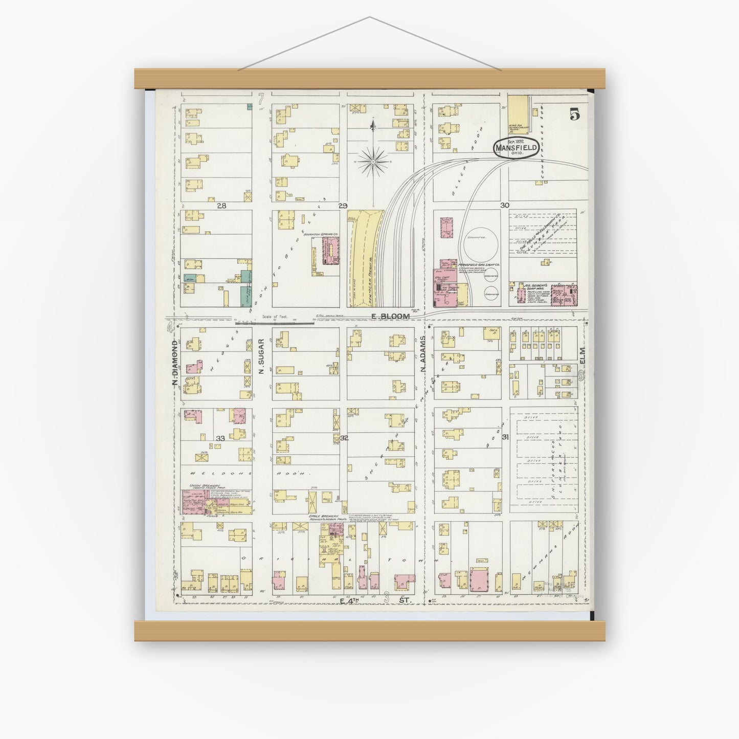 Old map wall art mockup — magnetic wood frame on white wall — Sanborn Fire Insurance Map from Mansfield, Richland County, Ohio (1892), Sheet #0005