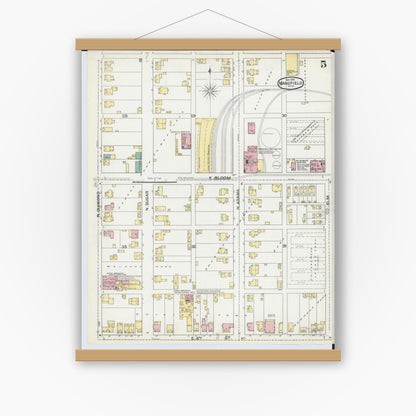 Old map wall art mockup — magnetic wood frame on white wall — Sanborn Fire Insurance Map from Mansfield, Richland County, Ohio (1892), Sheet #0005