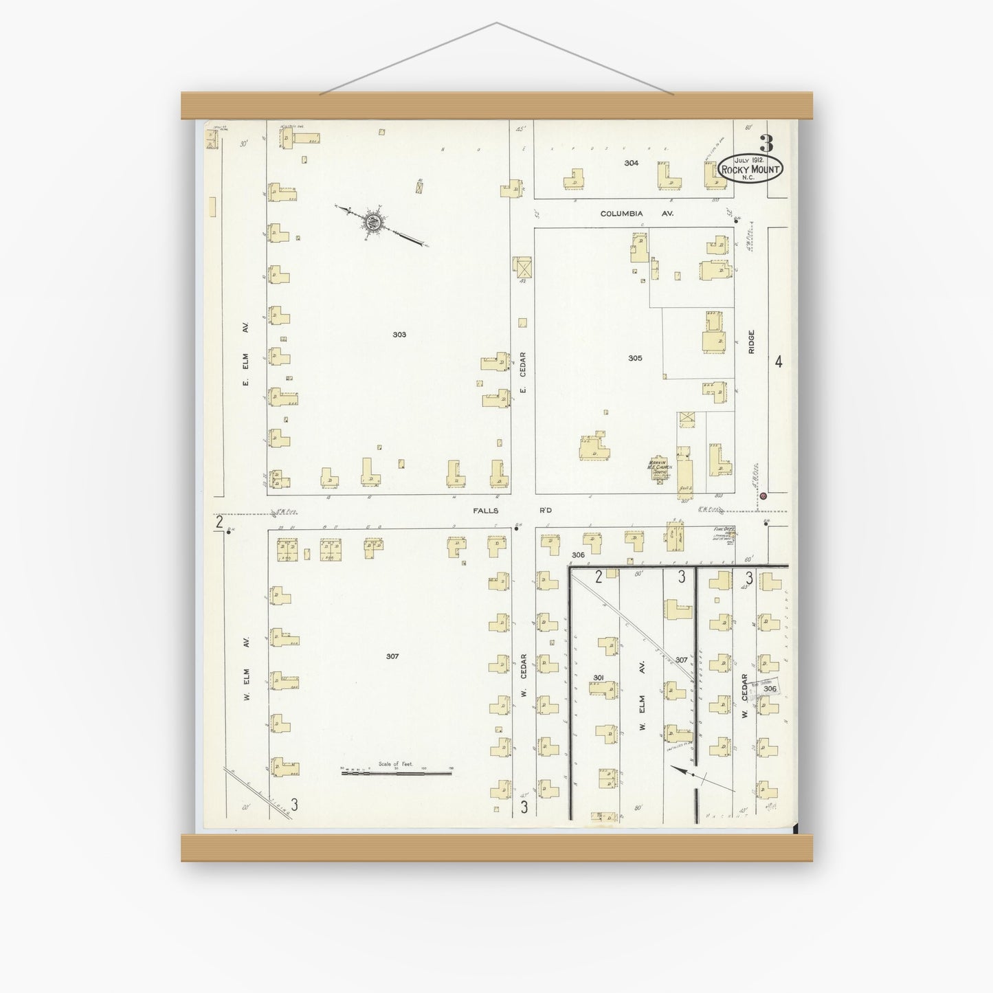 Old map wall art mockup — magnetic wood frame on white wall — Sanborn Fire Insurance Map from Rocky Mount, Edgecombe And Nash Counties, North Carolina (1912), Sheet #0003