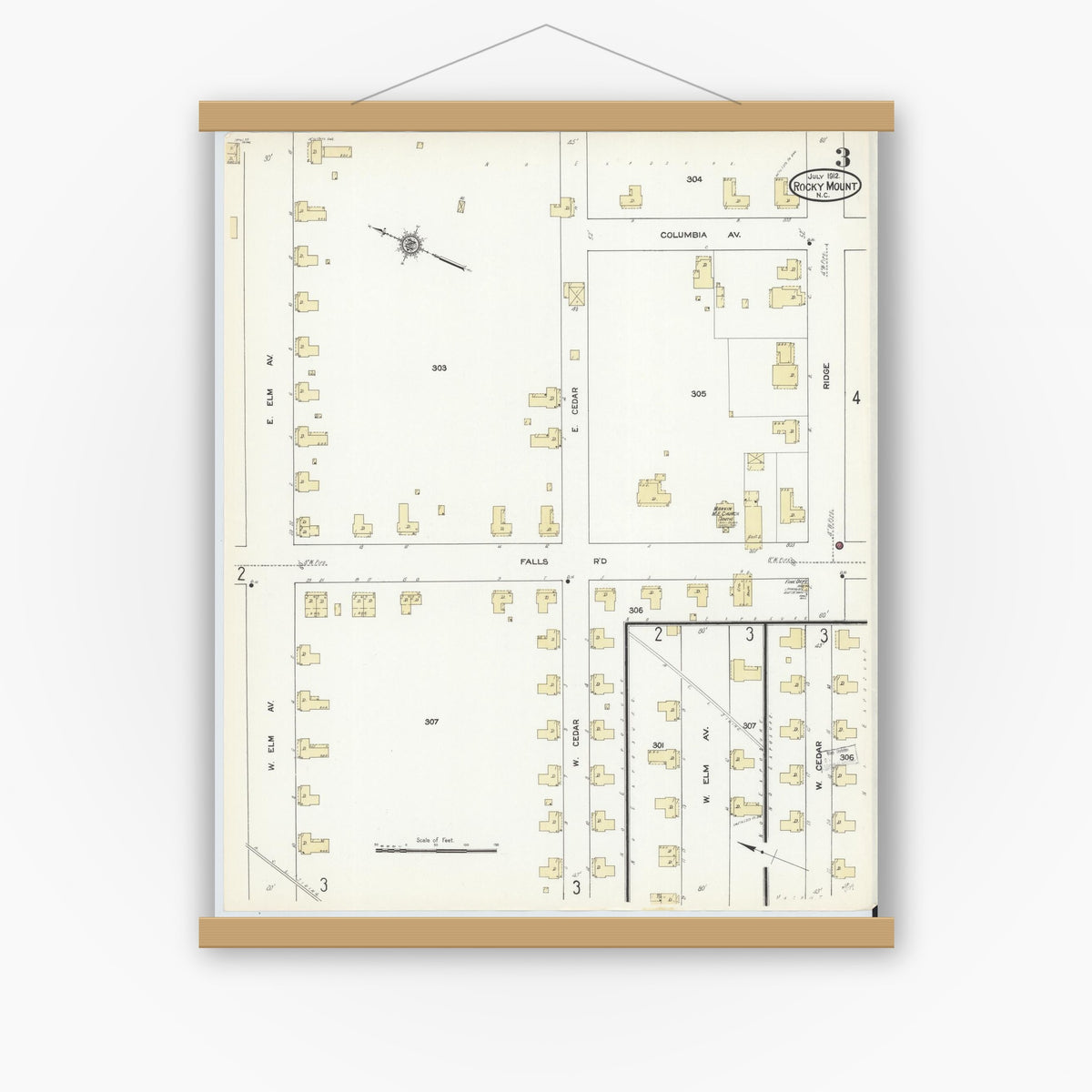 Old map wall art mockup — magnetic wood frame on white wall — Sanborn Fire Insurance Map from Rocky Mount, Edgecombe And Nash Counties, North Carolina (1912), Sheet #0003
