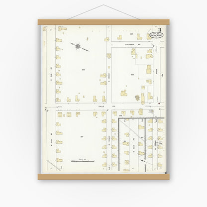 Old map wall art mockup — magnetic wood frame on white wall — Sanborn Fire Insurance Map from Rocky Mount, Edgecombe And Nash Counties, North Carolina (1912), Sheet #0003