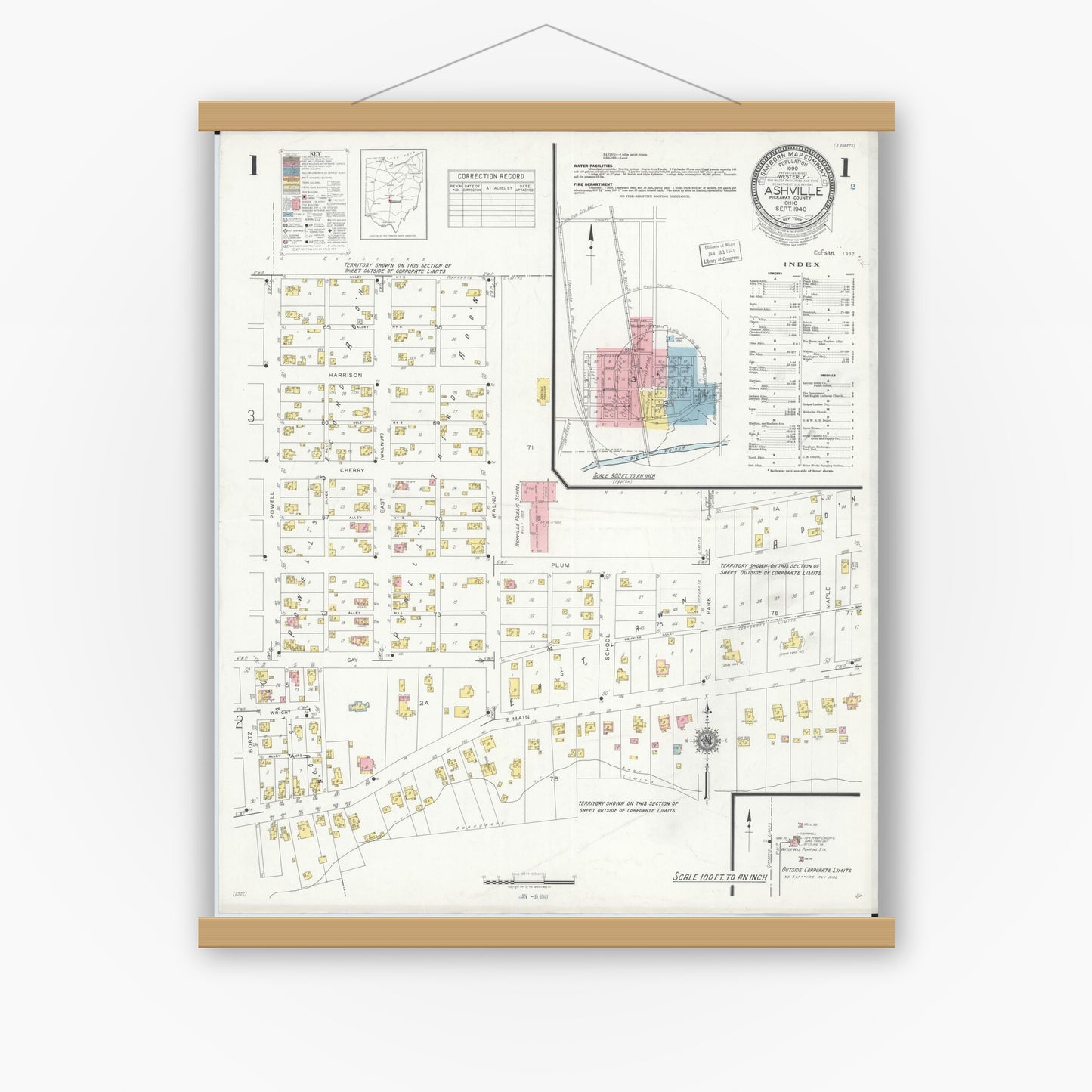 Old map wall art mockup — magnetic wood frame on white wall — Sanborn Fire Insurance Map from Ashville, Pickaway County, Ohio (1940), Sheet #0001