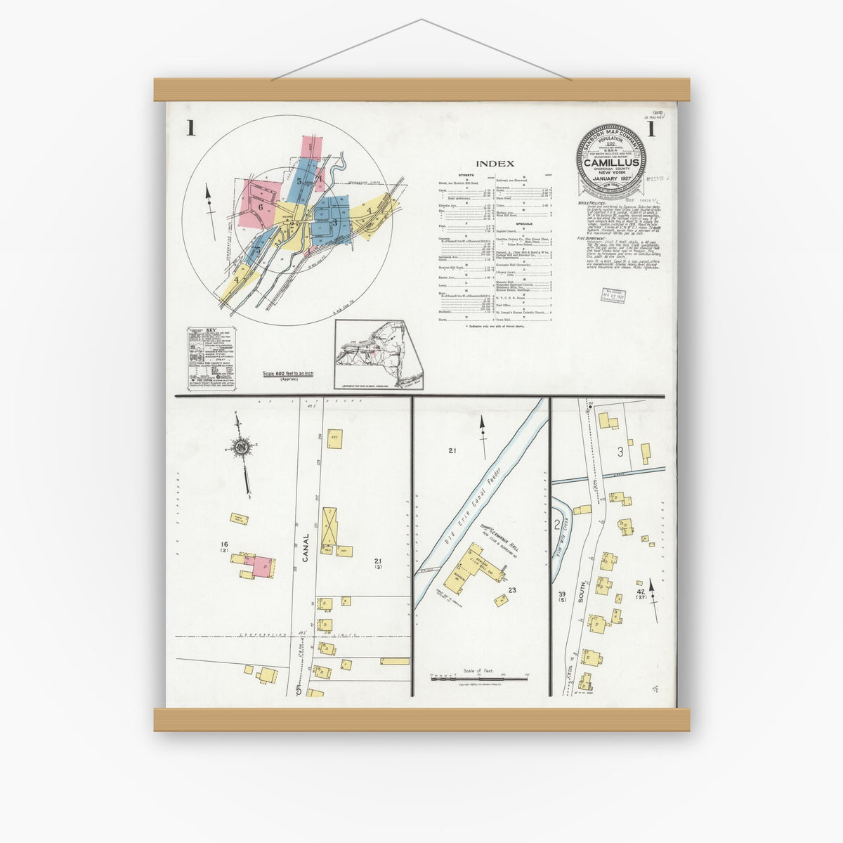 Old map wall art mockup — magnetic wood frame on white wall — Sanborn Fire Insurance Map from Camillus, Onondaga County, New York (1927) - Complete Map Set