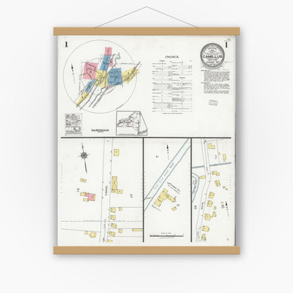 Old map wall art mockup — magnetic wood frame on white wall — Sanborn Fire Insurance Map from Camillus, Onondaga County, New York (1927) - Complete Map Set