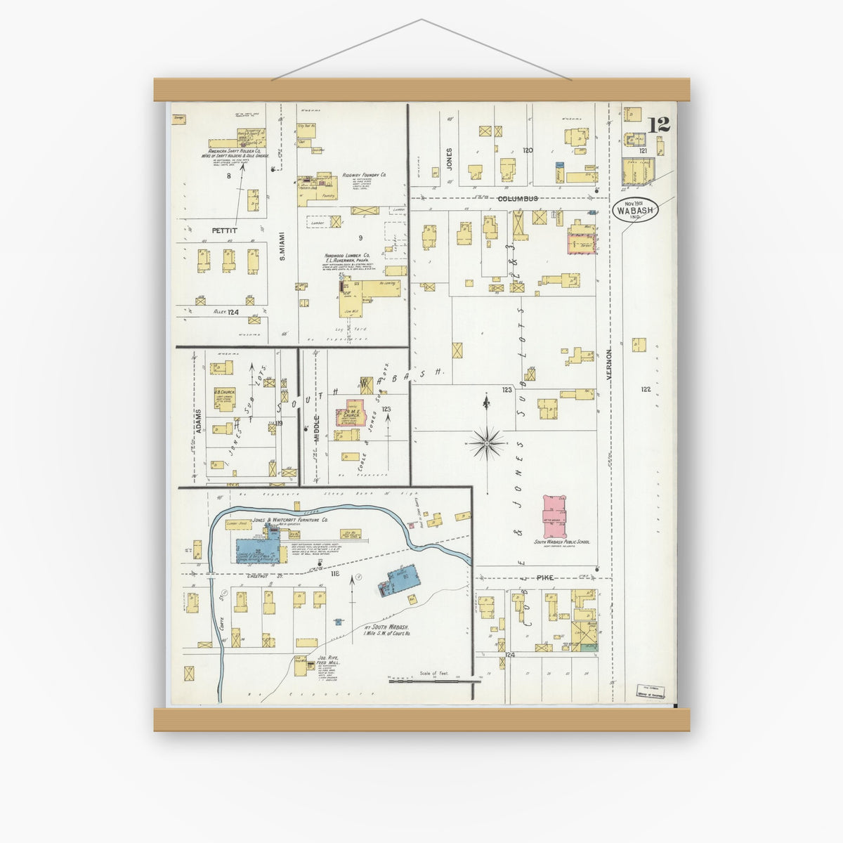 Old map wall art mockup — magnetic wood frame on white wall — Sanborn Fire Insurance Map from Wabash, Wabash County, Indiana (1901), Sheet #0012