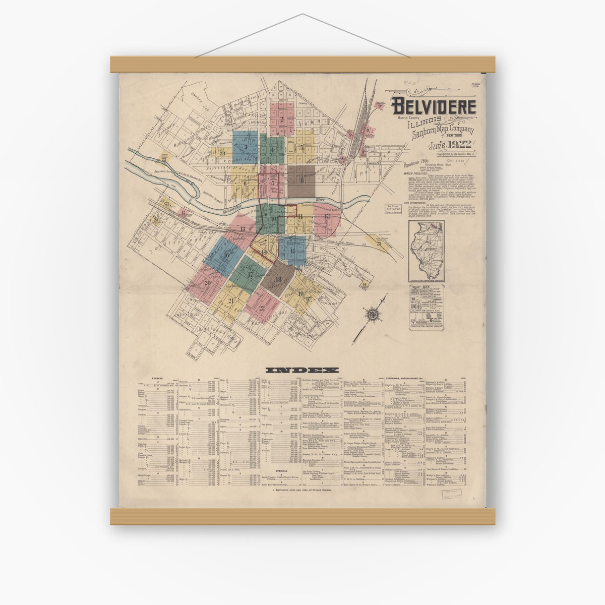 Old map wall art mockup — magnetic wood frame on white wall — Sanborn Fire Insurance Map from Belvidere, Boone County, Illinois (1922) - Complete Map Set