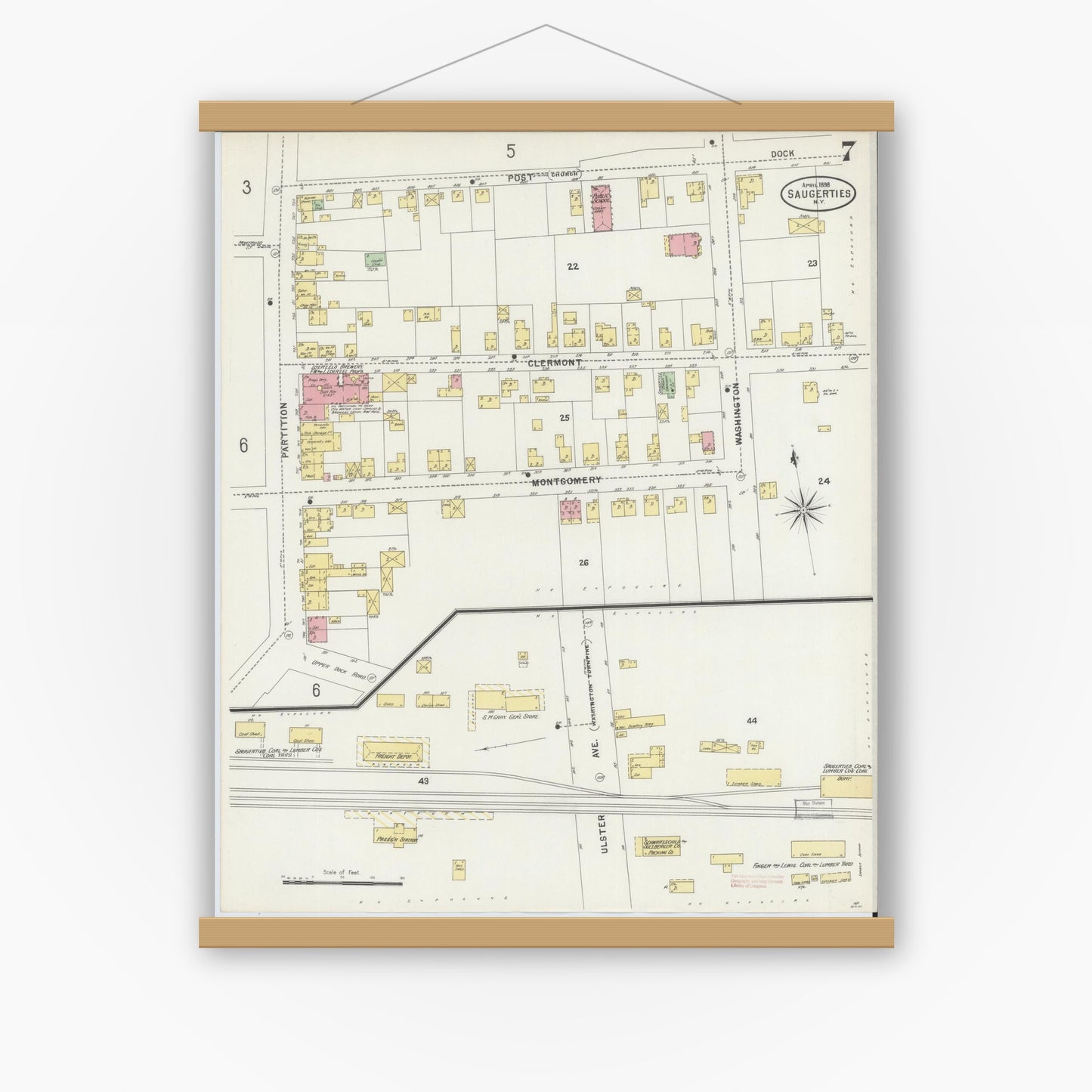 Old map wall art mockup — magnetic wood frame on white wall — Sanborn Fire Insurance Map from Saugerties, Ulster County, New York (1898), Sheet #0007