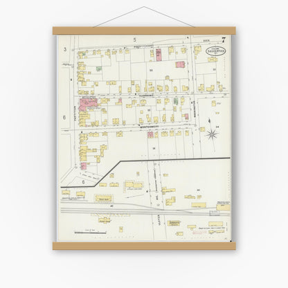 Old map wall art mockup — magnetic wood frame on white wall — Sanborn Fire Insurance Map from Saugerties, Ulster County, New York (1898), Sheet #0007