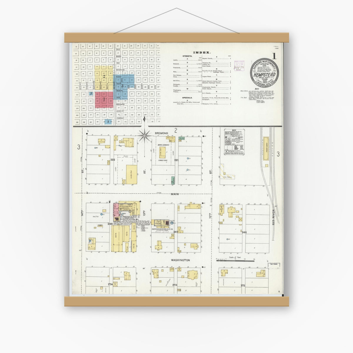 Old map wall art mockup — magnetic wood frame on white wall — Sanborn Fire Insurance Map from Hempstead, Waller County, Texas (1906), Sheet #0001