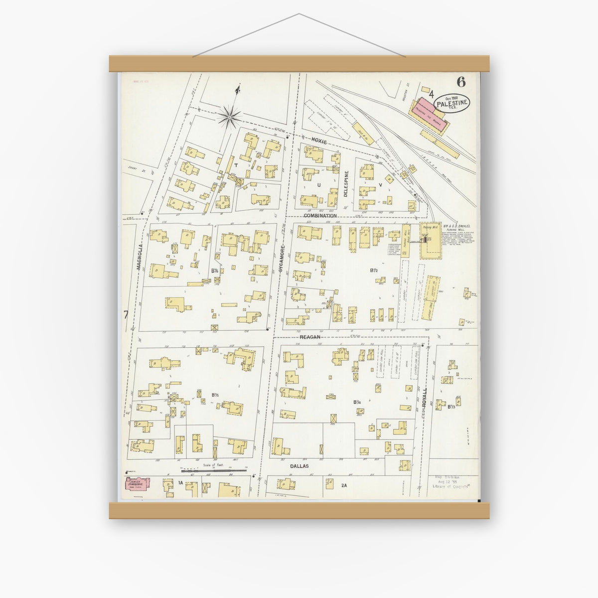 Old map wall art mockup — magnetic wood frame on white wall — Sanborn Fire Insurance Map from Palestine, Anderson County, Texas (1900), Sheet #0006