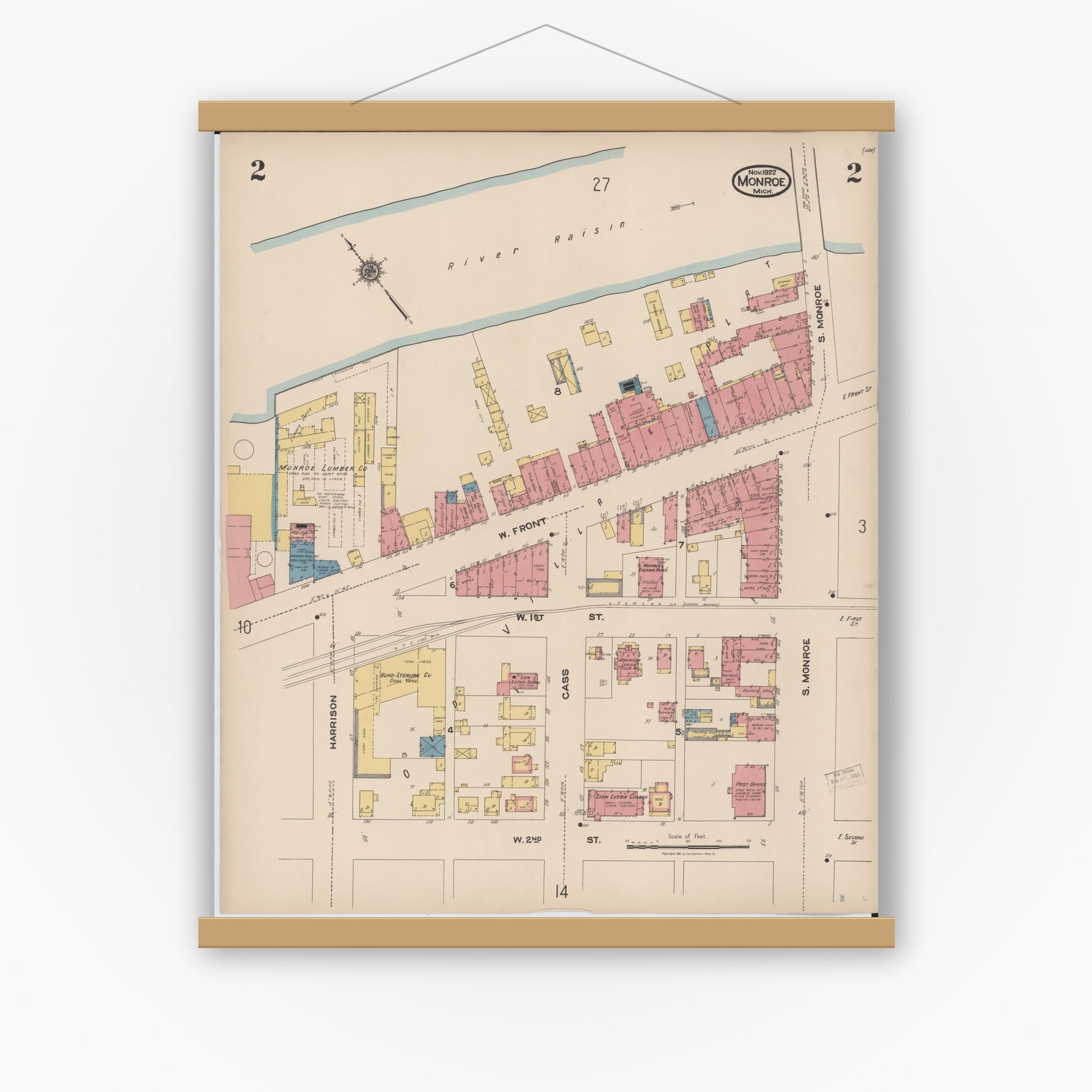 Old map wall art mockup — magnetic wood frame on white wall — Sanborn Fire Insurance Map from Monroe, Monroe County, Michigan (1922), Sheet #0002