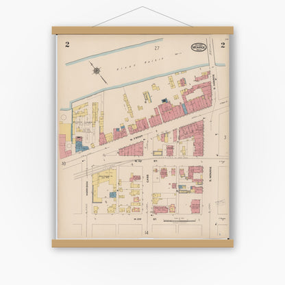 Old map wall art mockup — magnetic wood frame on white wall — Sanborn Fire Insurance Map from Monroe, Monroe County, Michigan (1922), Sheet #0002