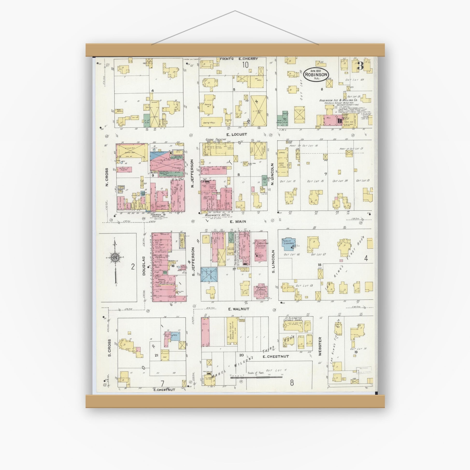 Old map wall art mockup — magnetic wood frame on white wall — Sanborn Fire Insurance Map from Robinson, Crawford County, Illinois (1910), Sheet #0003