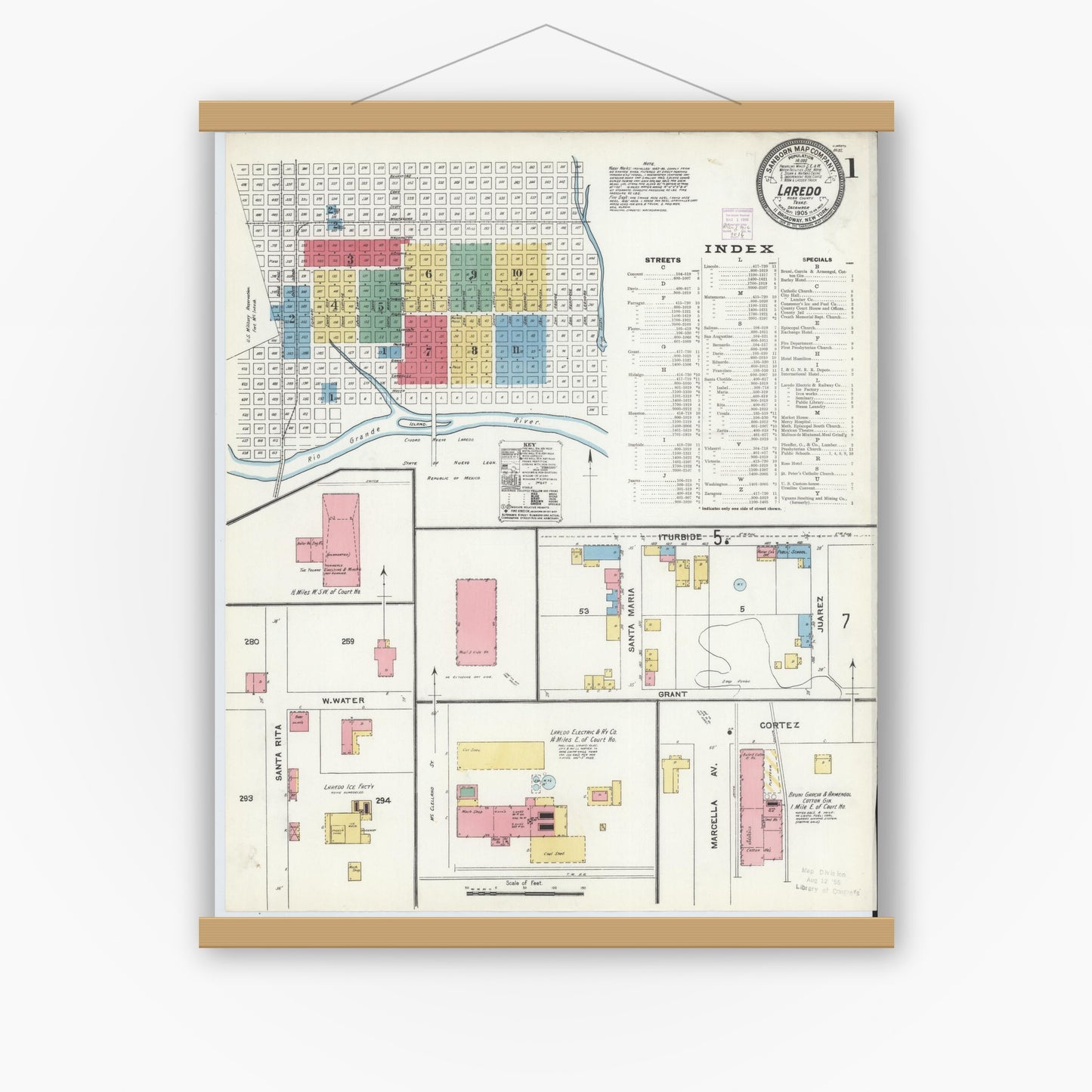 Old map wall art mockup — magnetic wood frame on white wall — Sanborn Fire Insurance Map from Laredo, Webb County, Texas (1905), Sheet #0001