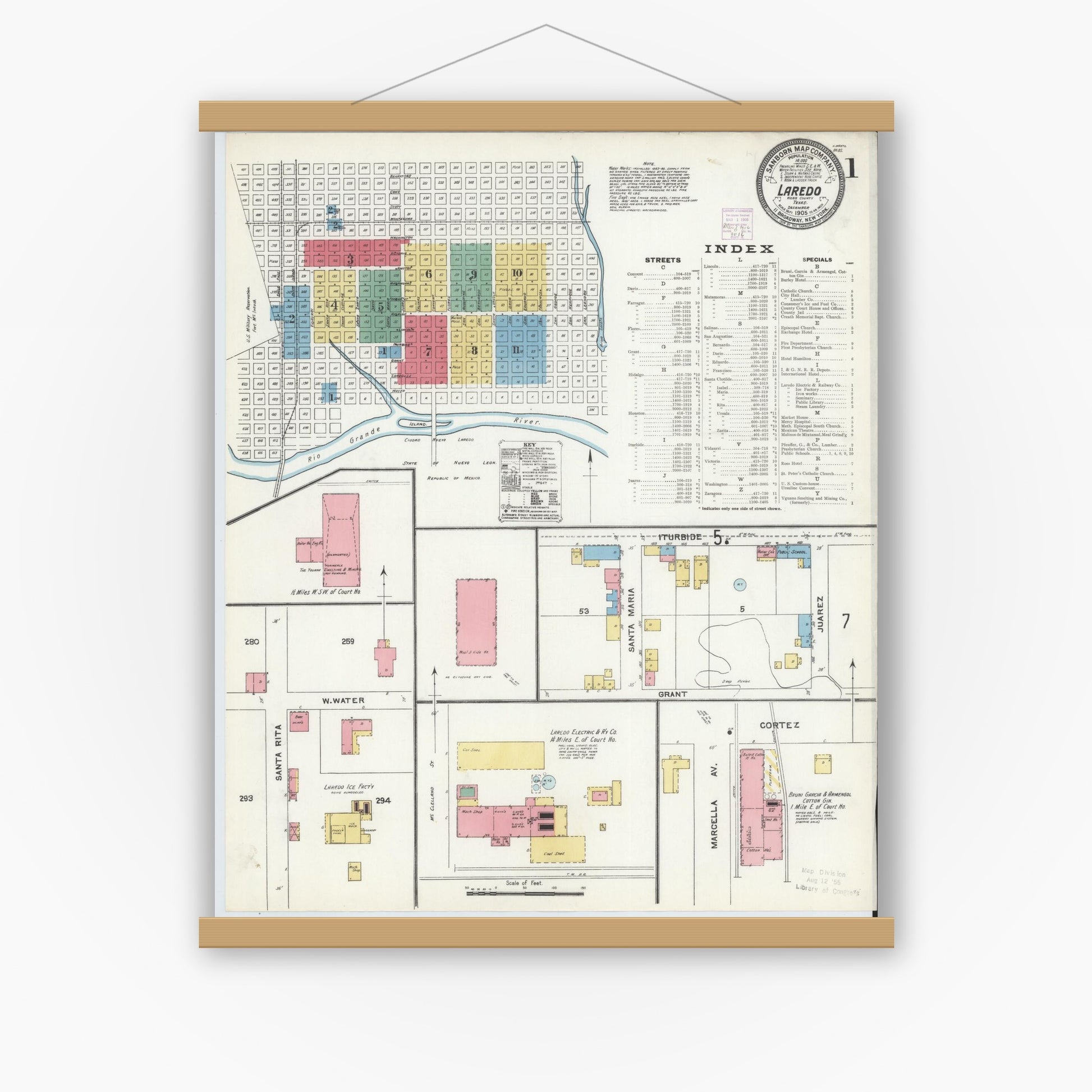 Old map wall art mockup — magnetic wood frame on white wall — Sanborn Fire Insurance Map from Laredo, Webb County, Texas (1905), Sheet #0001