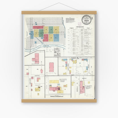 Old map wall art mockup — magnetic wood frame on white wall — Sanborn Fire Insurance Map from Laredo, Webb County, Texas (1905), Sheet #0001