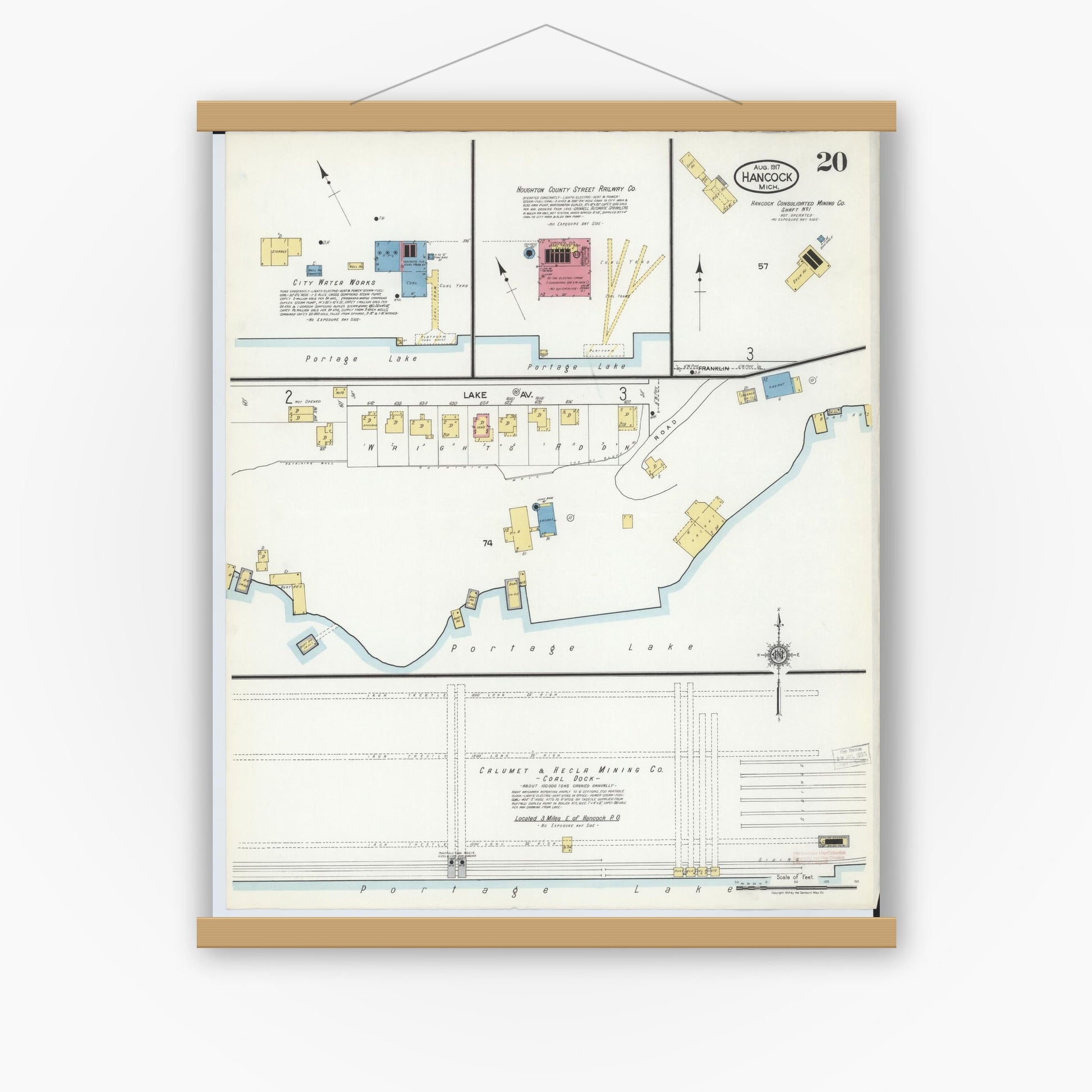 Old map wall art mockup — magnetic wood frame on white wall — Sanborn Fire Insurance Map from Hancock, Houghton County, Michigan (1917), Sheet #0020