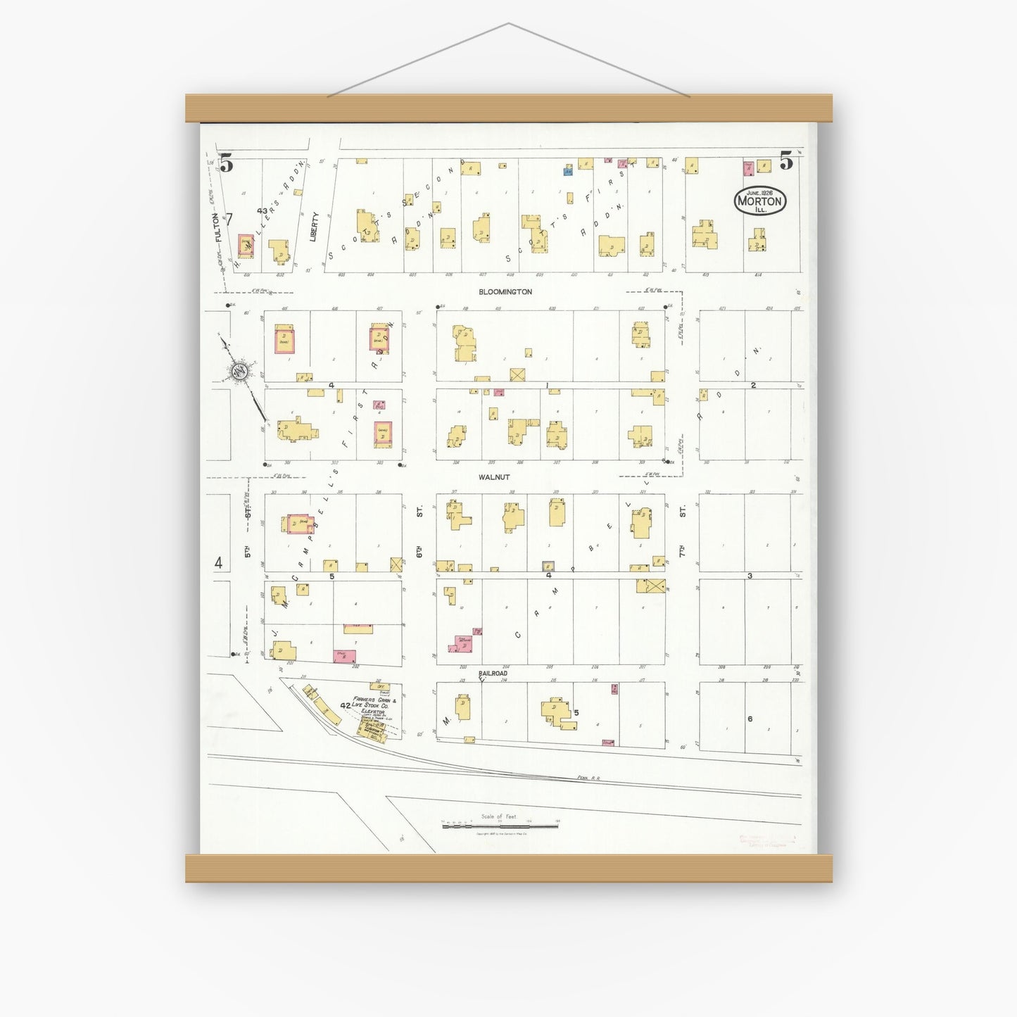 Old map wall art mockup — magnetic wood frame on white wall — Sanborn Fire Insurance Map from Morton, Tazewell County, Illinois (1926), Sheet #0005