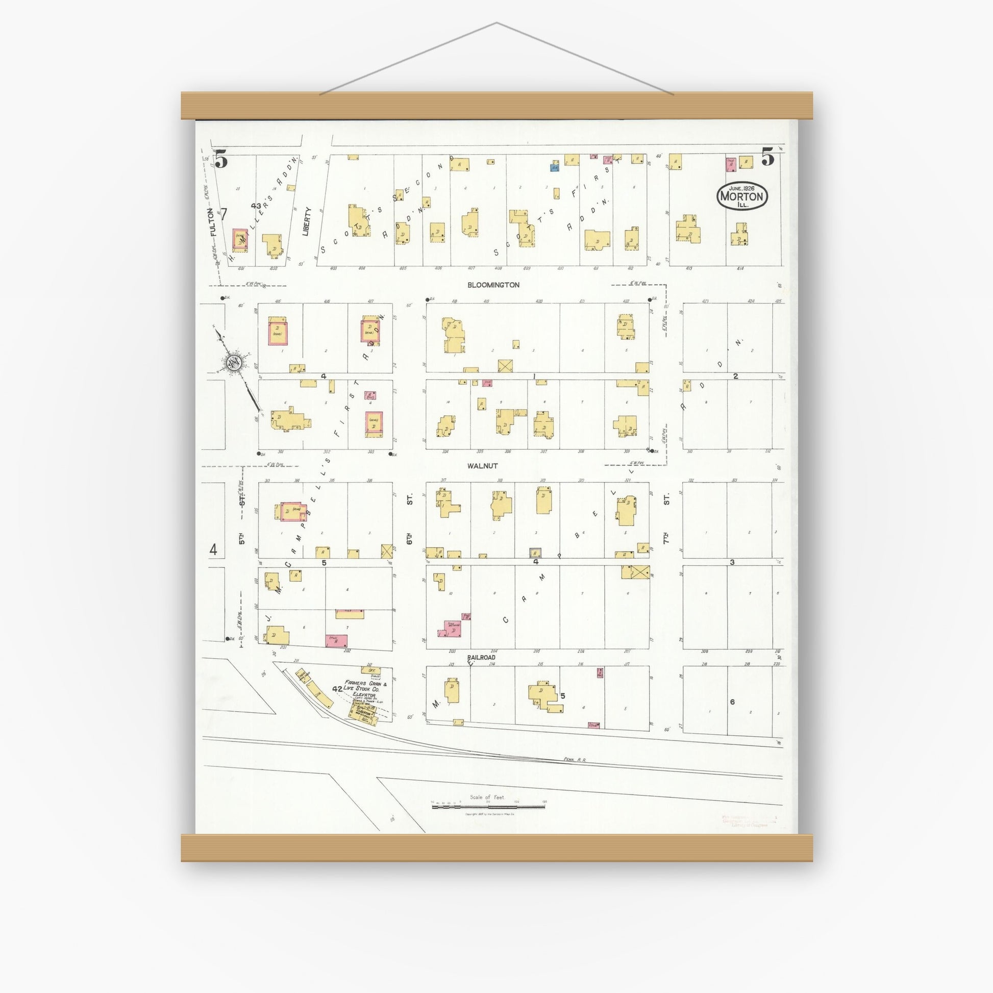 Old map wall art mockup — magnetic wood frame on white wall — Sanborn Fire Insurance Map from Morton, Tazewell County, Illinois (1926), Sheet #0005