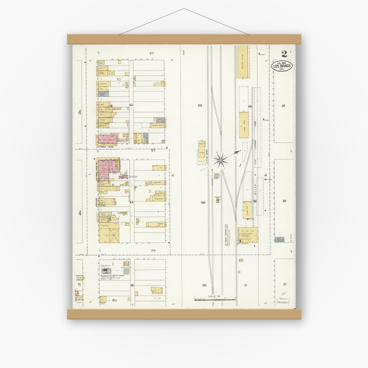 Old map wall art mockup — magnetic wood frame on white wall — Sanborn Fire Insurance Map from Los Banos, Merced County, California (1908), Sheet #0002