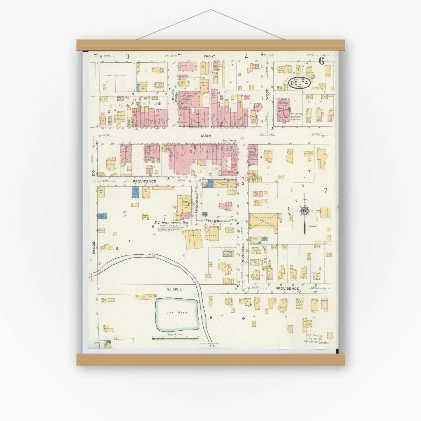 Old map wall art mockup — magnetic wood frame on white wall — Sanborn Fire Insurance Map from Delta, Fulton County, Ohio (1916), Sheet #0006