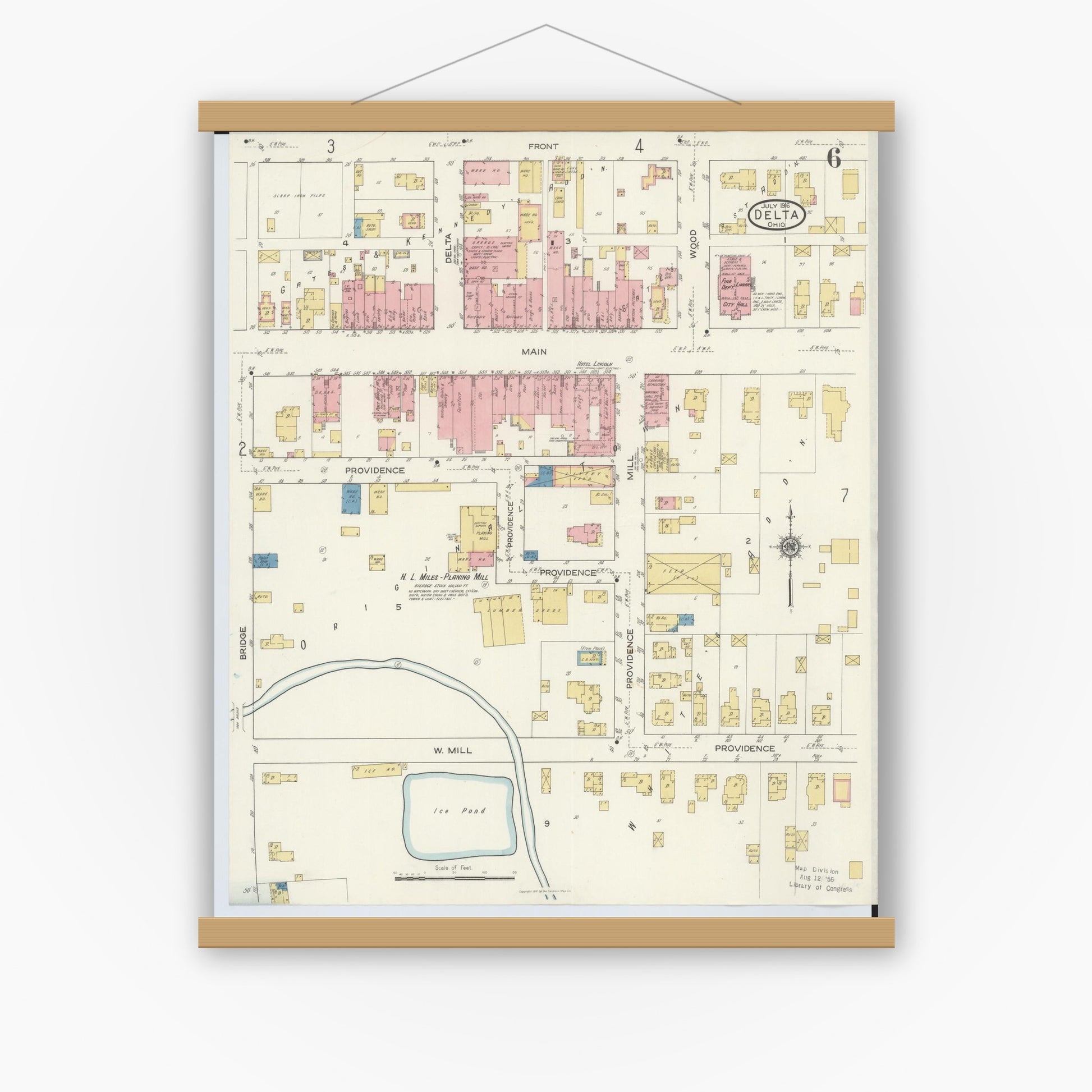 Old map wall art mockup — magnetic wood frame on white wall — Sanborn Fire Insurance Map from Delta, Fulton County, Ohio (1916), Sheet #0006