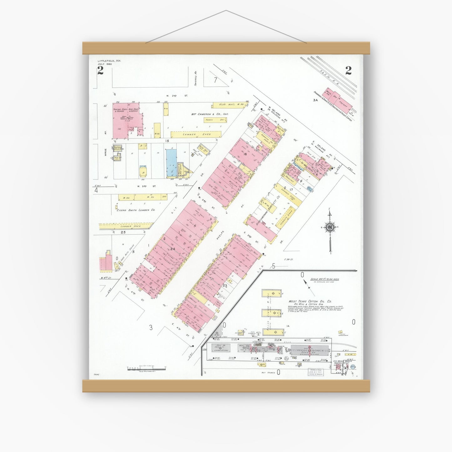 Old map wall art mockup — magnetic wood frame on white wall — Sanborn Fire Insurance Map from Littlefield, Lamb County, Texas (1950), Sheet #0002